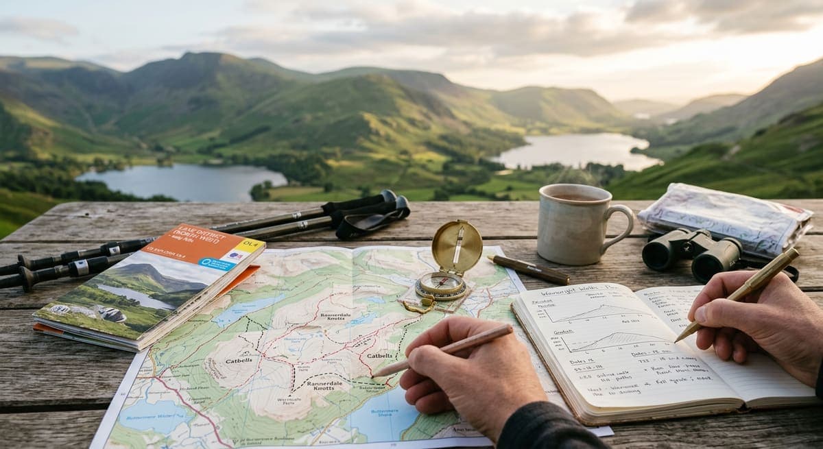 A walker planning on an OS map with a compass and notebook, on a table above two Lake District lakes