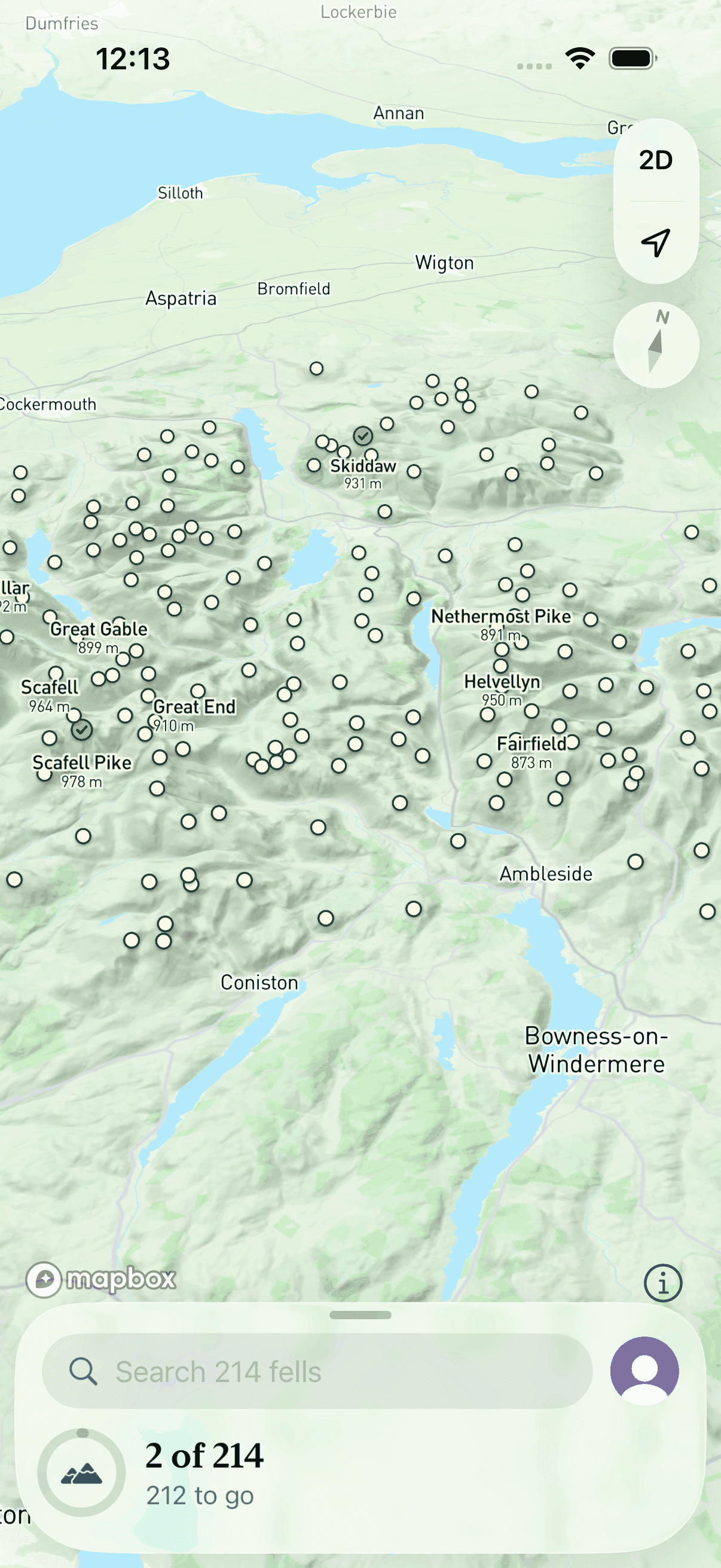 The Wainwrights Baggers iPhone app: a 3D map of the Lake District with all 214 fells marked, a search bar and a progress ring reading 2 of 214.