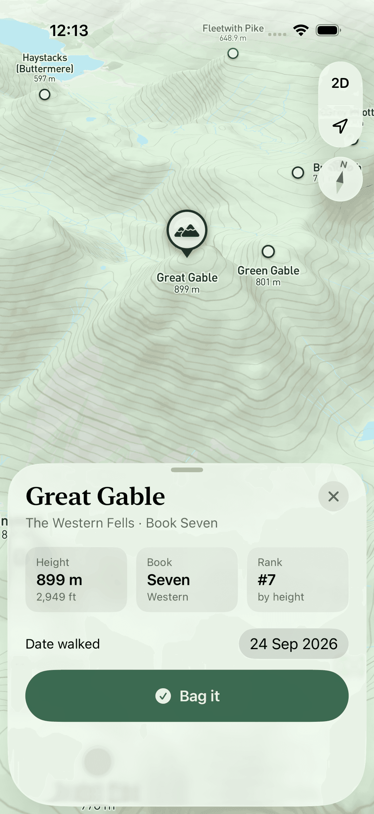 Great Gable's card over the 3D map: height 899 m, Book Seven, ranked 7th by height, a date picker and a Bag it button.