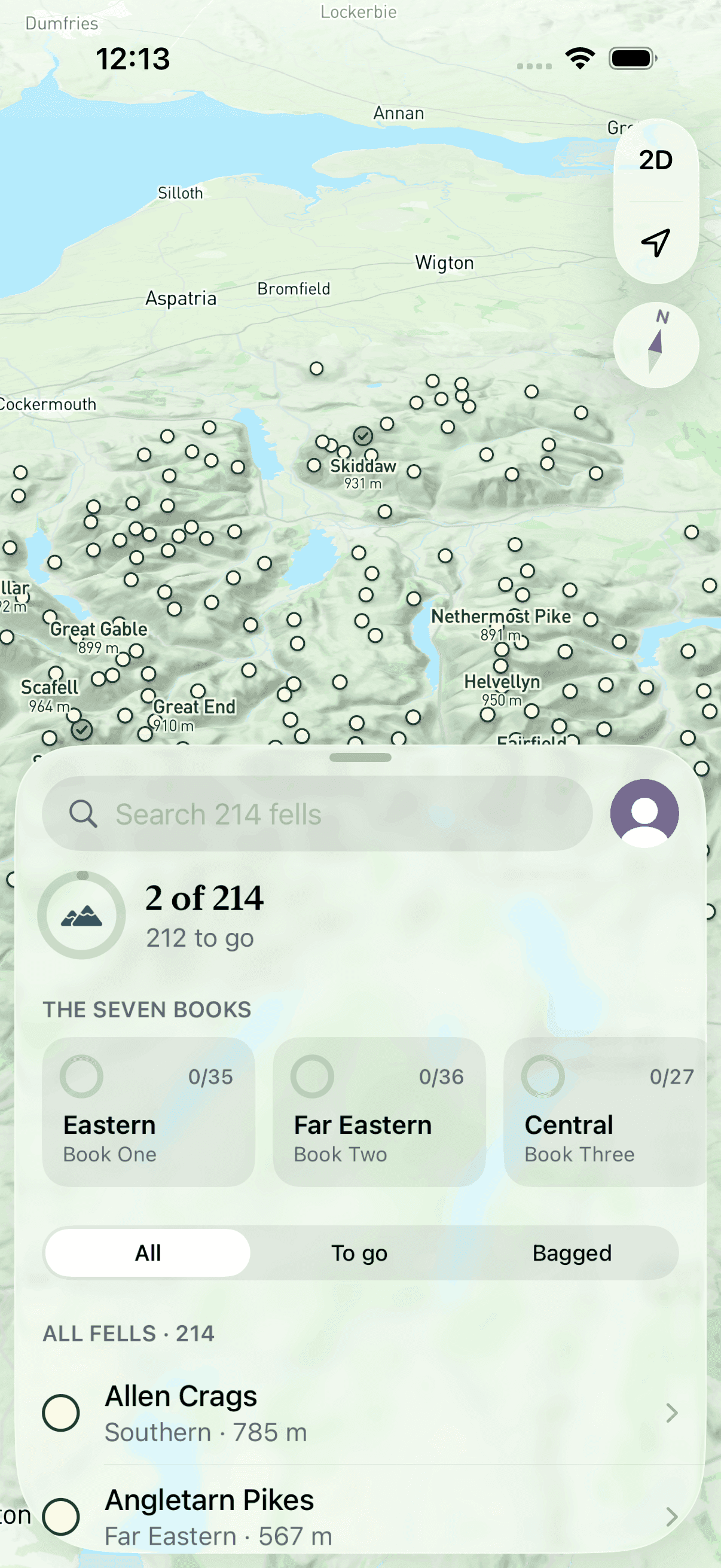 The sheet pulled up over the map, showing progress for each of the seven Pictorial Guide books and the list of all 214 fells.