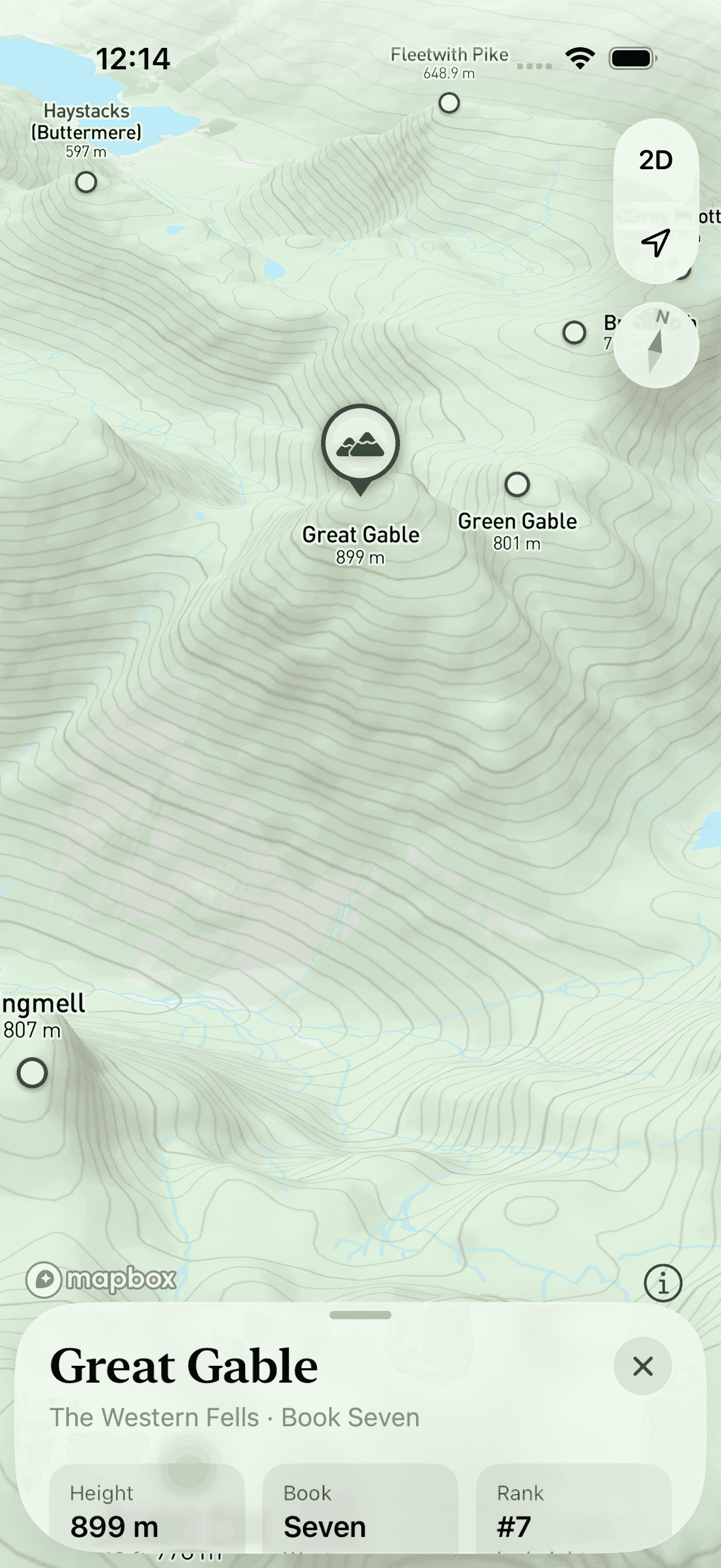 Zoomed in on Great Gable in 3D, with contour lines across the fellside and the fell card opening below.