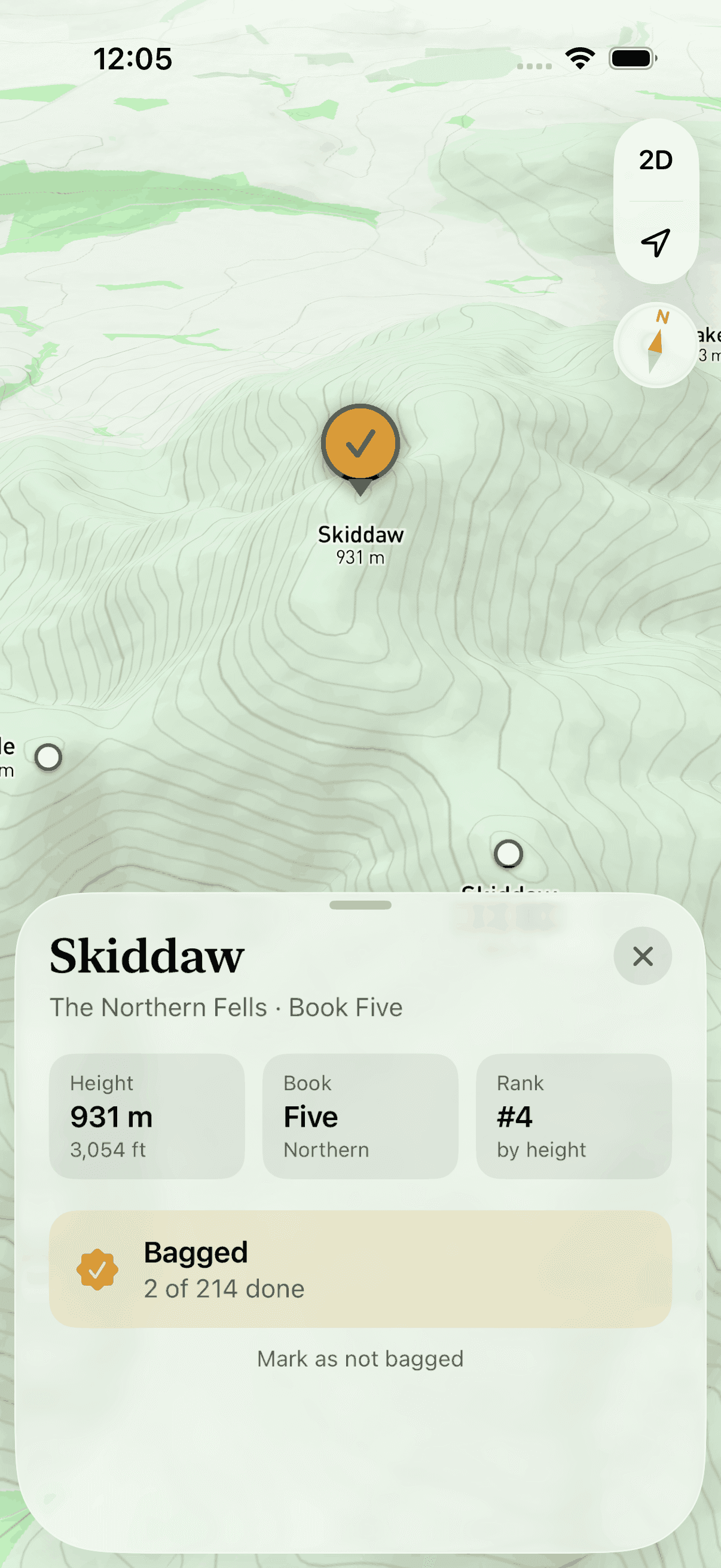 Skiddaw bagged: its marker has turned orange with a tick and the card reads Bagged, 2 of 214 done.