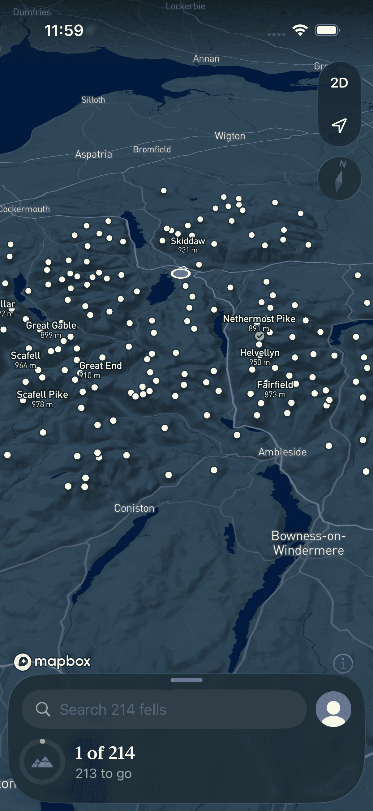 The same map at night: dark terrain, pale markers for every fell and the progress card in dark mode.